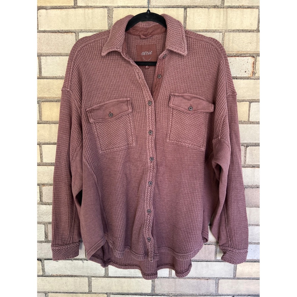 Aerie Waffle Knit Oversized Button Down Shirt Brown Long Sleeve Shacket Size XS